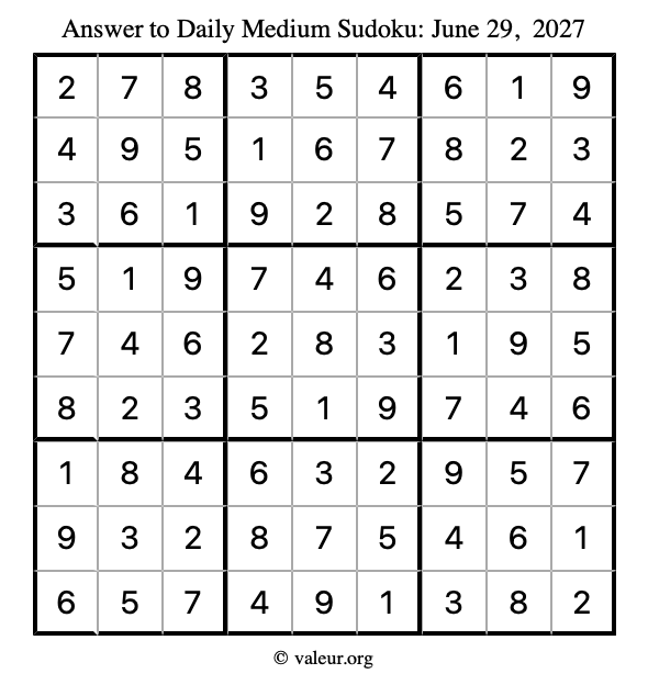 Answer to medium sudoku June 29, 2027
