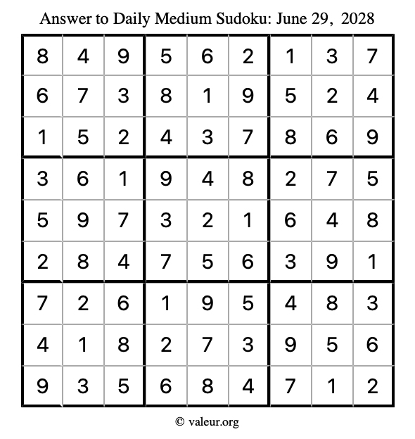 Answer to medium sudoku June 29, 2028