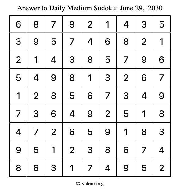 Answer to medium sudoku June 29, 2030