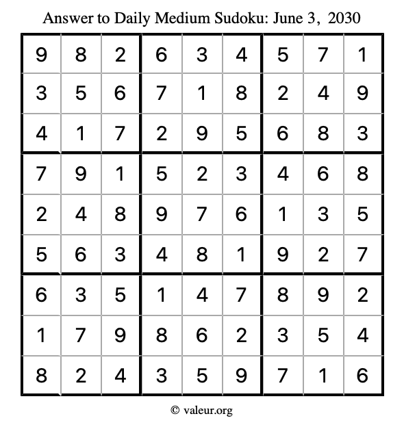 Answer to medium sudoku June 3, 2030