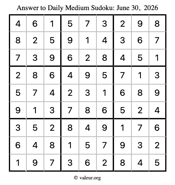 Answer to medium sudoku June 30, 2026