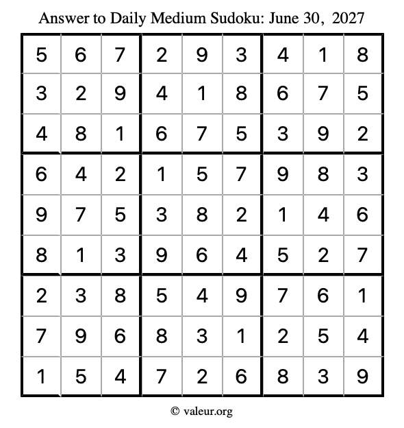Answer to medium sudoku June 30, 2027