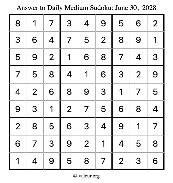 Answer to medium sudoku June 30, 2028