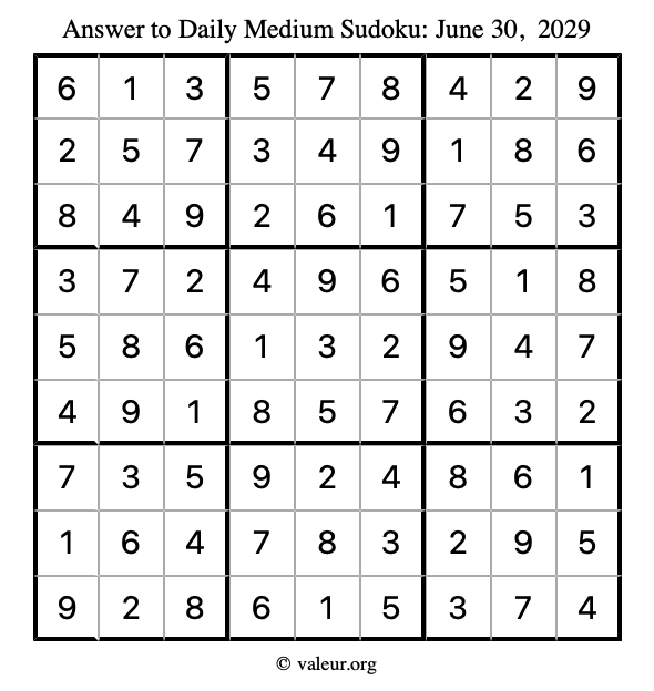 Answer to medium sudoku June 30, 2029
