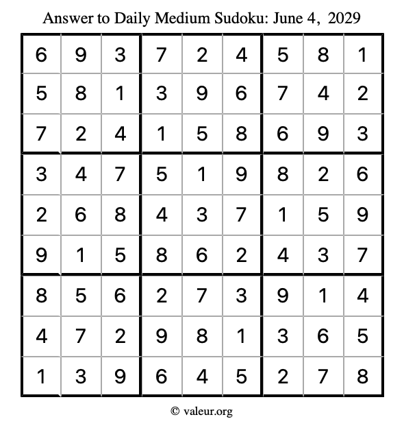 Answer to medium sudoku June 4, 2029