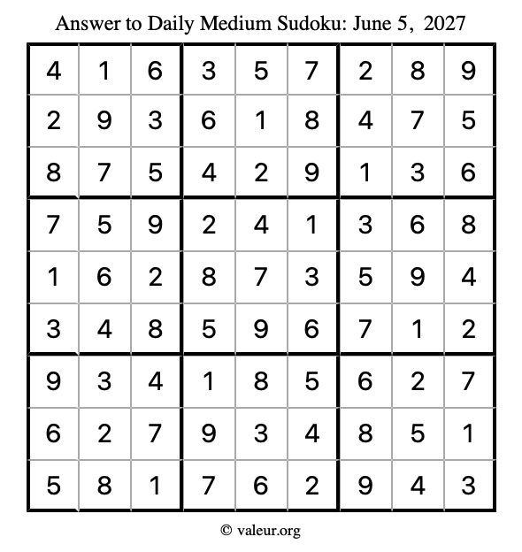 Answer to medium sudoku June 5, 2027