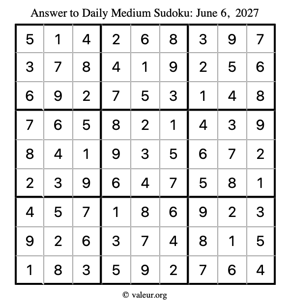 Answer to medium sudoku June 6, 2027