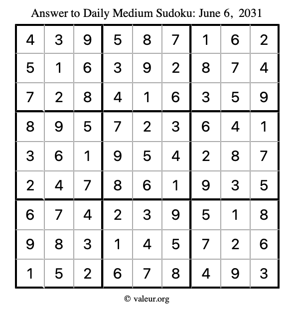 Answer to medium sudoku June 6, 2031