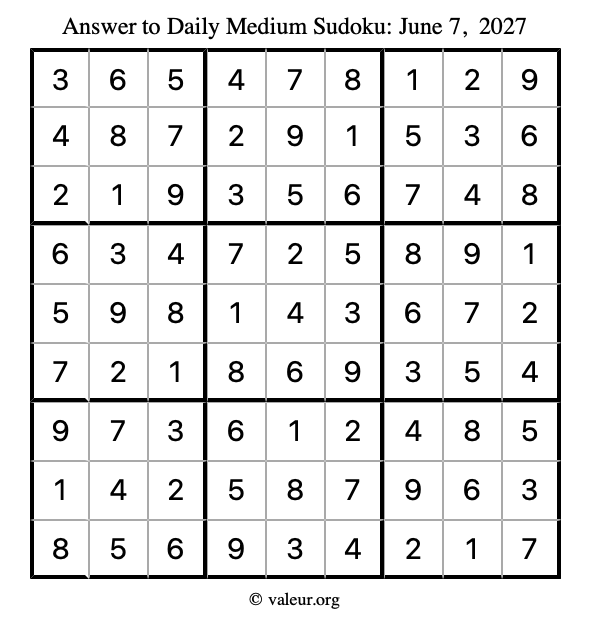 Answer to medium sudoku June 7, 2027
