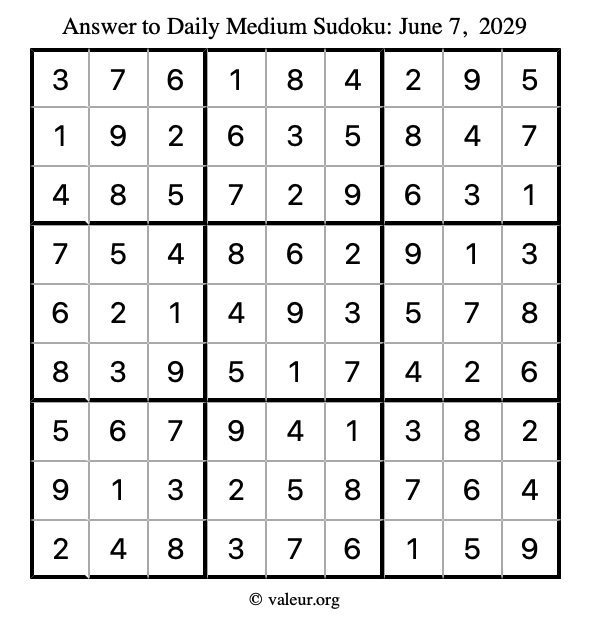 Answer to medium sudoku June 7, 2029