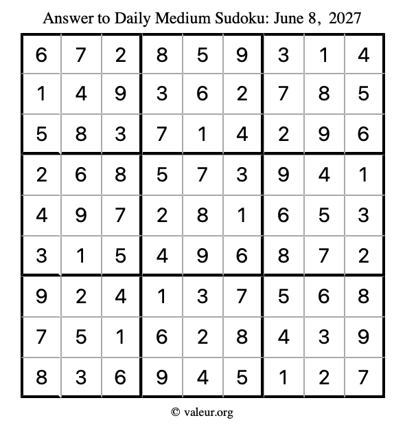 Answer to medium sudoku June 8, 2027