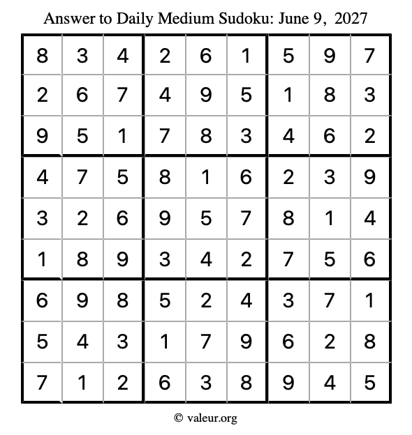 Answer to medium sudoku June 9, 2027