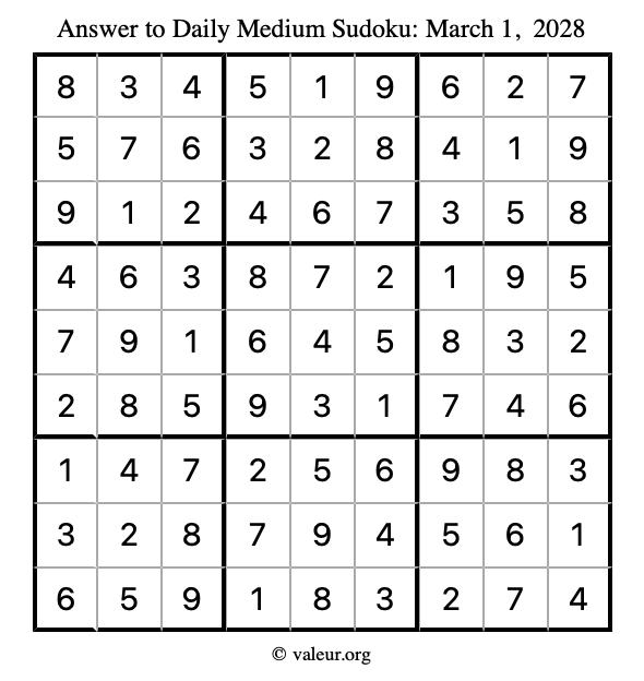Answer to medium sudoku March 1, 2028