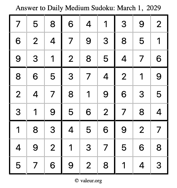 Answer to medium sudoku March 1, 2029
