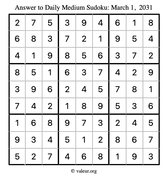 Answer to medium sudoku March 1, 2031