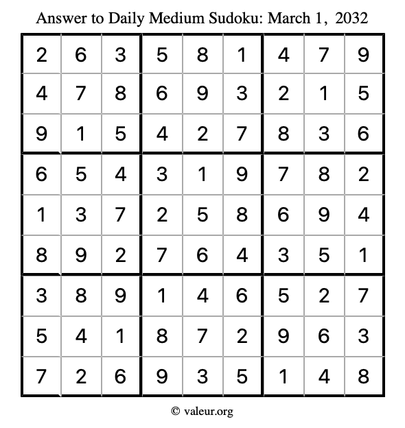 Answer to medium sudoku March 1, 2032
