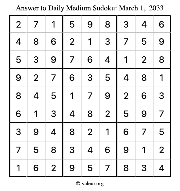 Answer to medium sudoku March 1, 2033