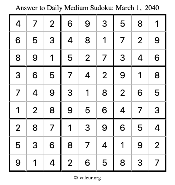 Answer to medium sudoku March 1, 2040