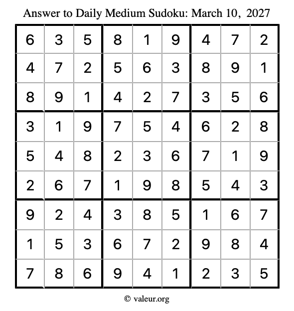 Answer to medium sudoku March 10, 2027