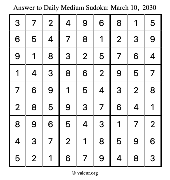 Answer to medium sudoku March 10, 2030