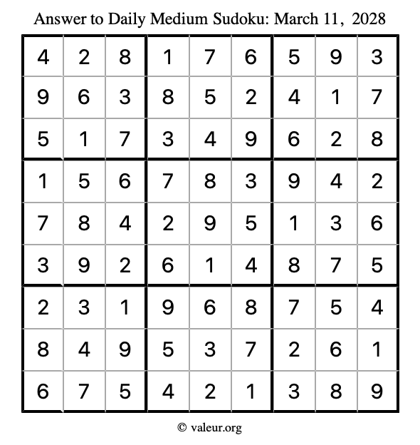 Answer to medium sudoku March 11, 2028