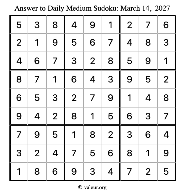 Answer to medium sudoku March 14, 2027