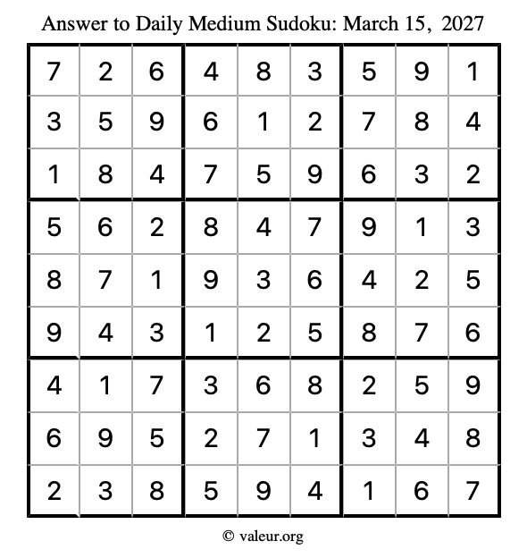 Answer to medium sudoku March 15, 2027