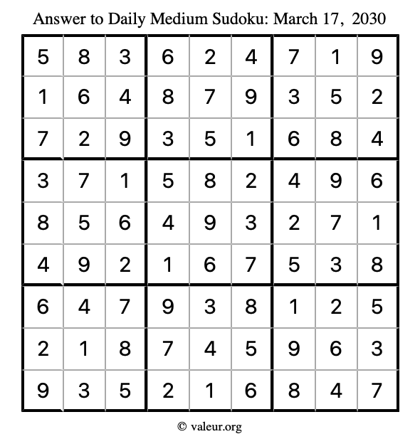 Answer to medium sudoku March 17, 2030