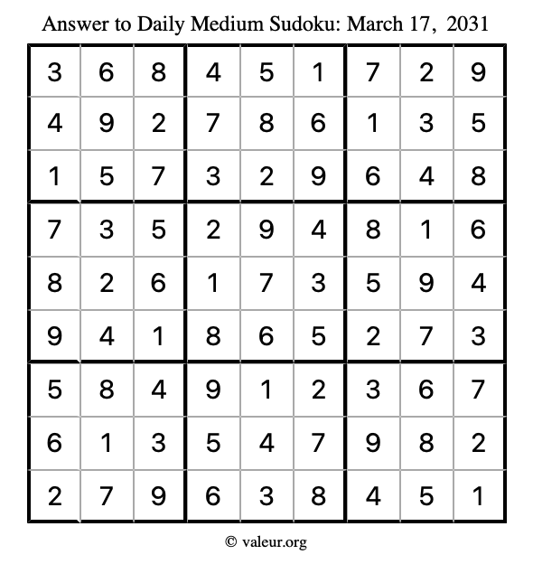 Answer to medium sudoku March 17, 2031