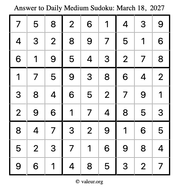 Answer to medium sudoku March 18, 2027