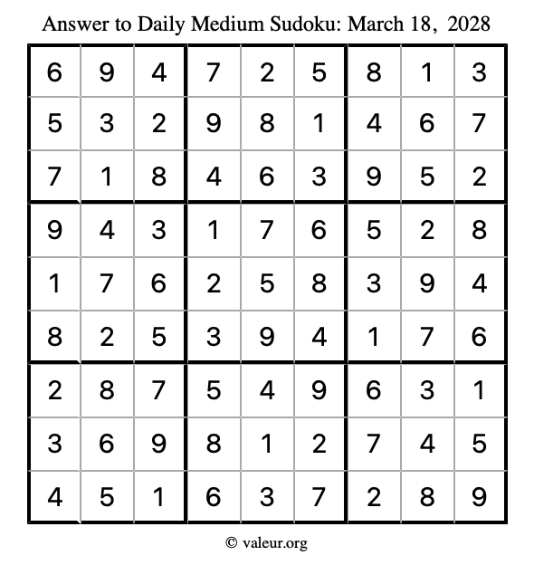 Answer to medium sudoku March 18, 2028