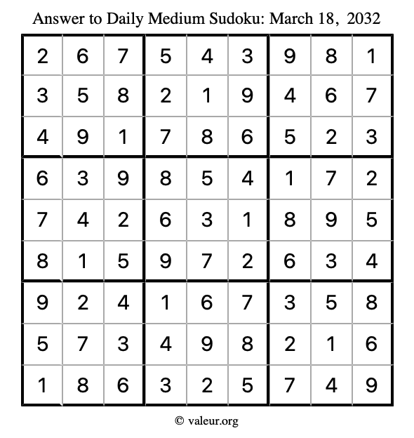 Answer to medium sudoku March 18, 2032