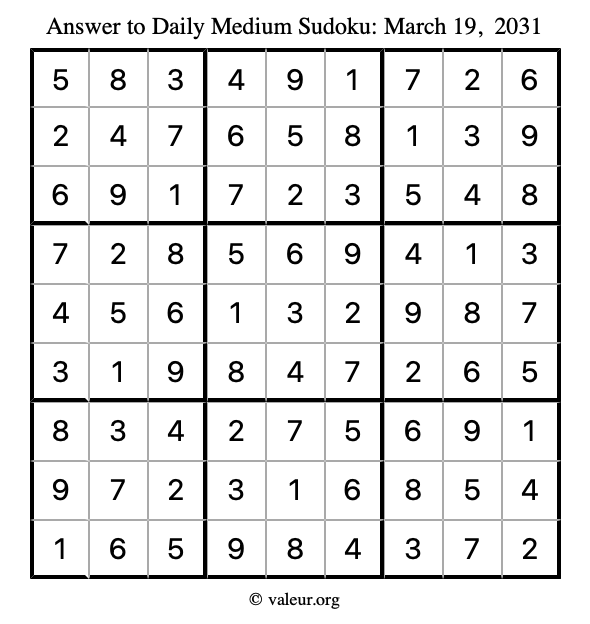 Answer to medium sudoku March 19, 2031