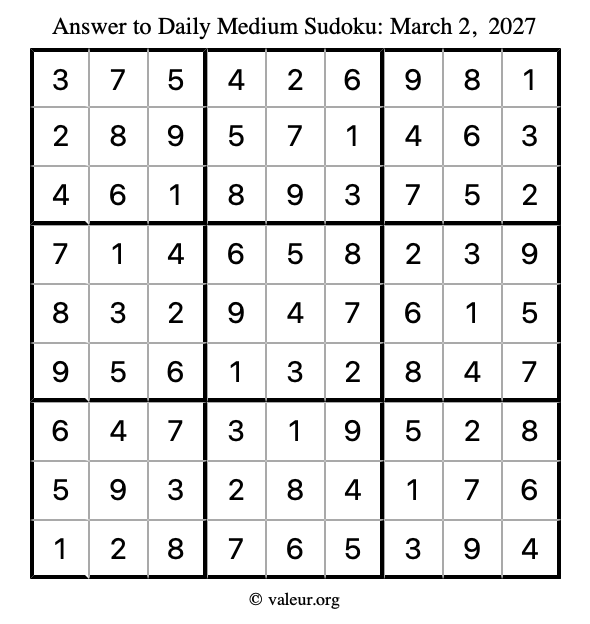 Answer to medium sudoku March 2, 2027