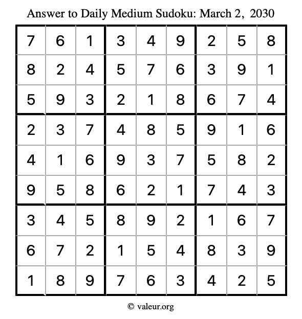 Answer to medium sudoku March 2, 2030