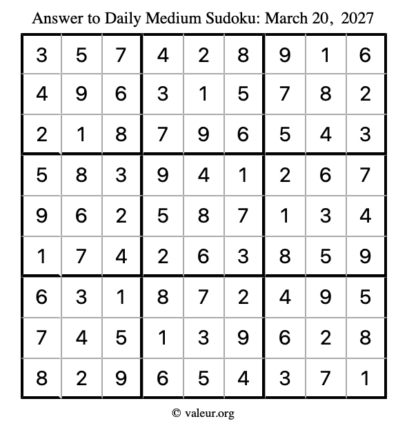 Answer to medium sudoku March 20, 2027
