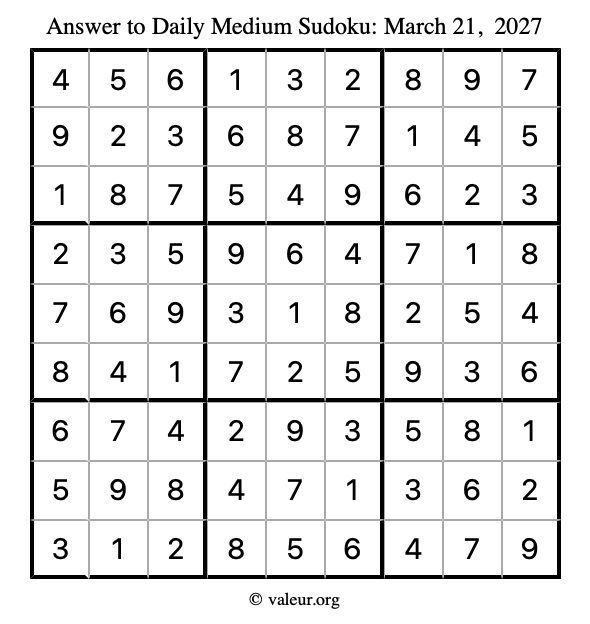 Answer to medium sudoku March 21, 2027