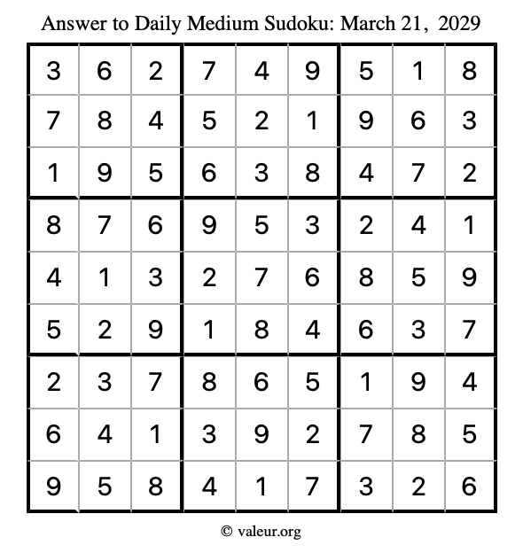 Answer to medium sudoku March 21, 2029