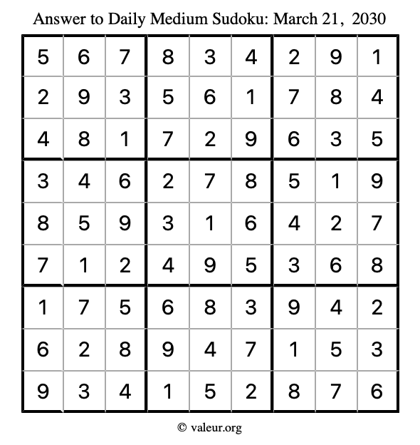 Answer to medium sudoku March 21, 2030
