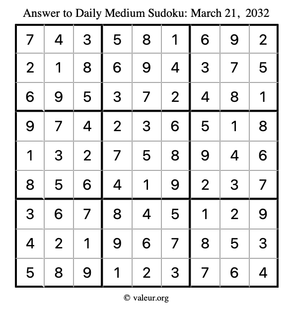 Answer to medium sudoku March 21, 2032