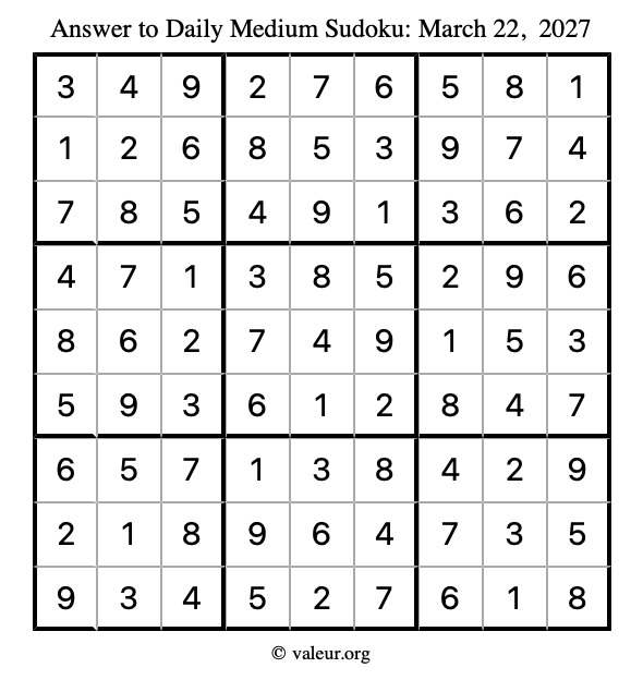 Answer to medium sudoku March 22, 2027