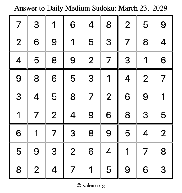 Answer to medium sudoku March 23, 2029
