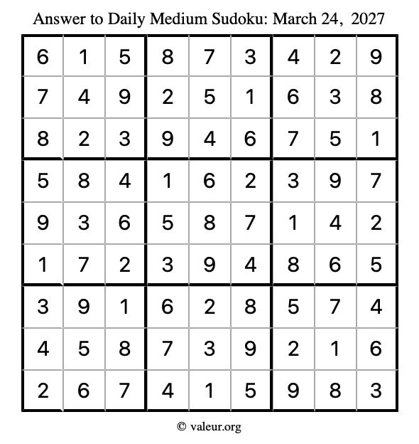 Answer to medium sudoku March 24, 2027