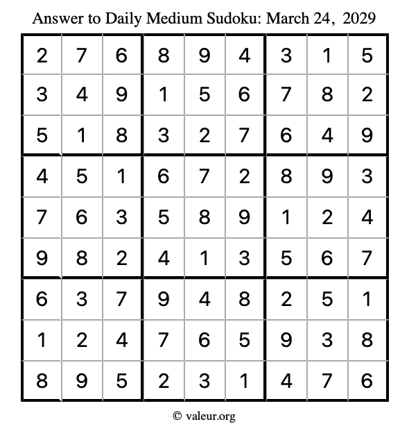 Answer to medium sudoku March 24, 2029