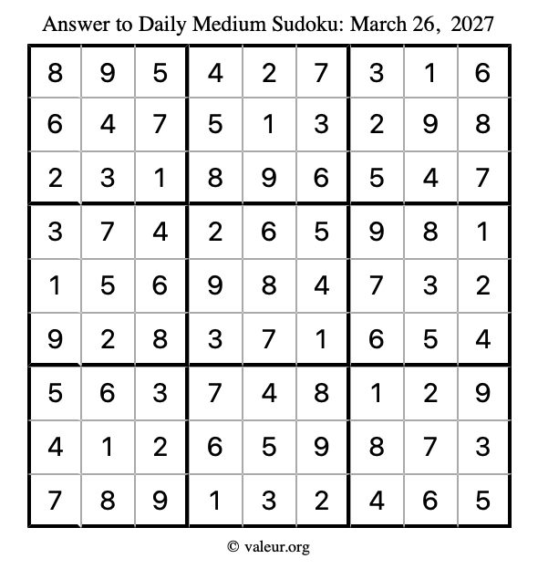 Answer to medium sudoku March 26, 2027