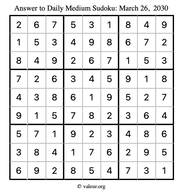 Answer to medium sudoku March 26, 2030