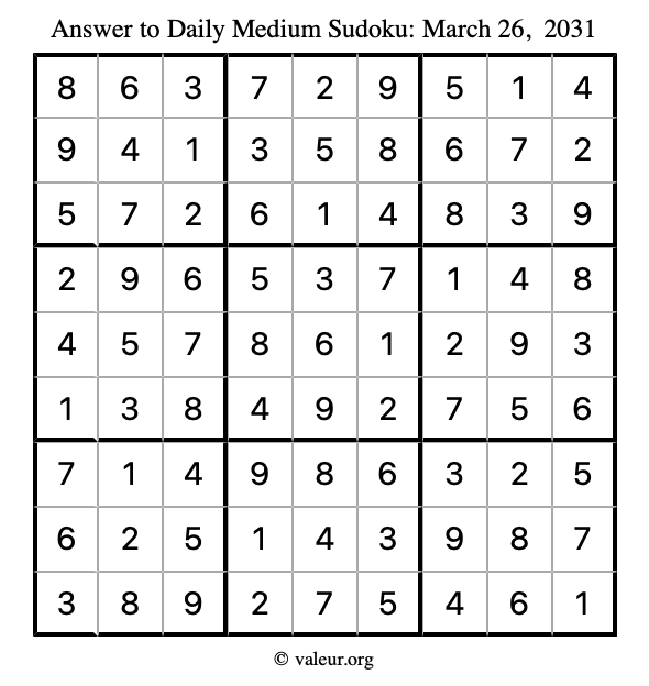 Answer to medium sudoku March 26, 2031