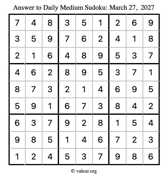 Answer to medium sudoku March 27, 2027