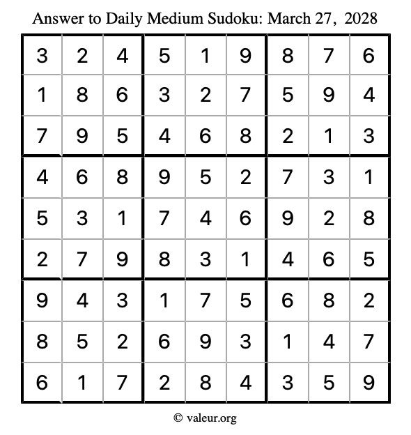 Answer to medium sudoku March 27, 2028