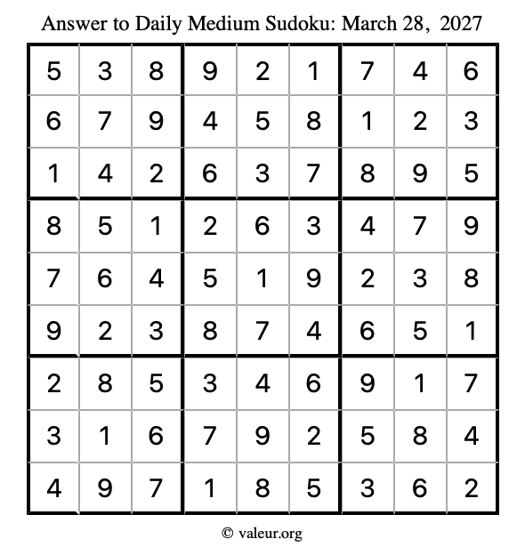 Answer to medium sudoku March 28, 2027